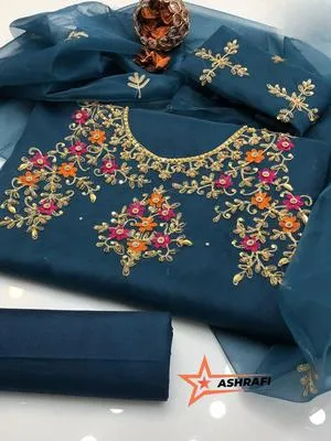 3 Piece Unstitched Dress for Women's Party Wear Organza Embroidered Suit Handmade Aari & Zari Work Kataan Silk Trouser thumbnail 2