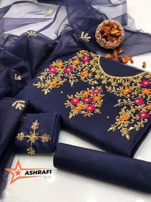 3 Piece Unstitched Dress for Women's | Party Wear | Organza Embroidered Suit | Handmade Aari & Zari Work | Kataan Silk Trouser thumbnail 2