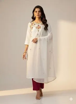 3 Piece Unstitched Dress for Women's | Party Wear | Organza Embroidered Suit | Handmade Aari & Zari Work | Kataan Silk Trouser