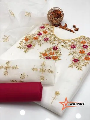 3 Piece Unstitched Dress for Women's | Party Wear | Organza Embroidered Suit | Handmade Aari & Zari Work | Kataan Silk Trouser thumbnail 2