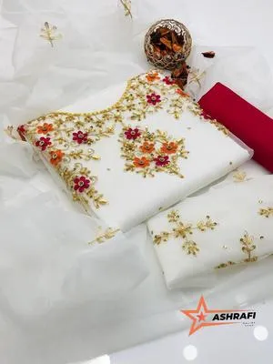 3 Piece Unstitched Dress for Women's | Party Wear | Organza Embroidered Suit | Handmade Aari & Zari Work | Kataan Silk Trouser thumbnail 3