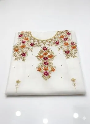 3 Piece Unstitched Dress for Women's | Party Wear | Organza Embroidered Suit | Handmade Aari & Zari Work | Kataan Silk Trouser thumbnail 4