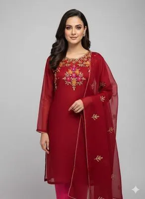 3 Piece Unstitched Dress for Women's | Party Wear | Organza Embroidered Suit | Handmade Aari & Zari Work | Kataan Silk Trouser