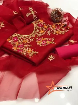 3 Piece Unstitched Dress for Women's | Party Wear | Organza Embroidered Suit | Handmade Aari & Zari Work | Kataan Silk Trouser thumbnail 3