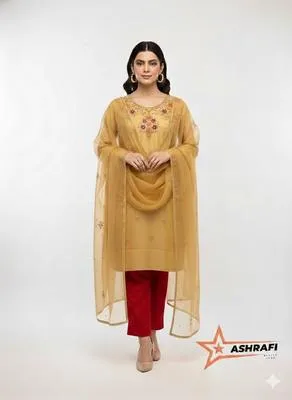 3 Piece Unstitched Dress for Women's | Party Wear | Organza Embroidered Suit | Handmade Aari & Zari Work | Kataan Silk Trouser | Customized