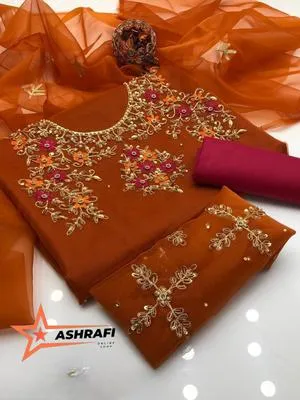 3 Piece Unstitched Dress for Women's | Party Wear | Organza Embroidered Suit | Handmade Aari & Zari Work | Kataan Silk Trouser thumbnail 1