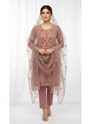 3 Piece Unstitched Dress for Women's | Party Wear | Organza Embroidered Suit | Handmade Aari & Zari Work | Kataan Silk Trouser | Customized