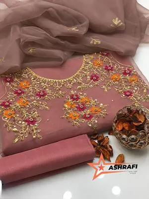 3 Piece Unstitched Dress for Women's | Party Wear | Organza Embroidered Suit | Handmade Aari & Zari Work | Kataan Silk Trouser | Customized thumbnail 3