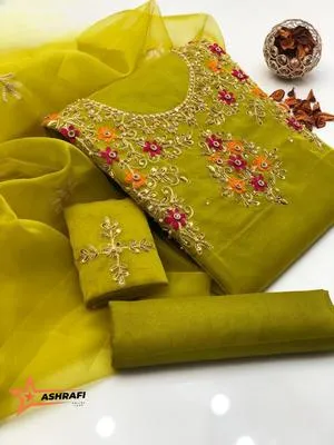 3 Piece Unstitched Dress for Women's | Party Wear | Organza Embroidered Suit | Handmade Aari & Zari Work | Kataan Silk Trouser thumbnail 2