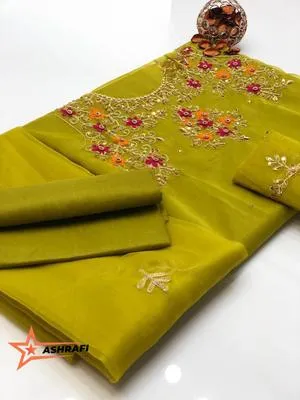 3 Piece Unstitched Dress for Women's | Party Wear | Organza Embroidered Suit | Handmade Aari & Zari Work | Kataan Silk Trouser thumbnail 3