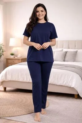 2 Pcs Women's Stitched Jersey Plain Night Suit