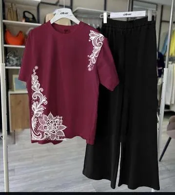 Maroon Embroidered Night Suit Set for Women
