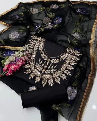 3 Pcs Women’s Unstitched Katan Silk Mirror Work Suit