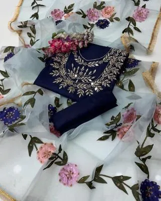 3 Pcs Women’s Unstitched Katan Silk Mirror Work Suit 