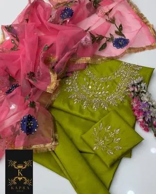 3 Pcs Women’s Unstitched Katan Silk Mirror Work Suit 