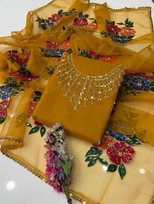 3 Pcs Women’s Unstitched Organza Hand Work Suit