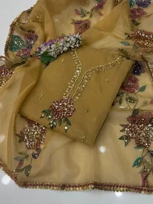 3 Pcs Women’s Unstitched Organza Hand Work Suit