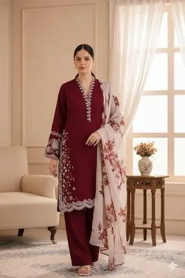3 Pcs Women's Unstitched Embroidered Suit