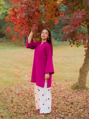 Women's Pink Embroidered 2Pcs Suit with Heart Design thumbnail 2