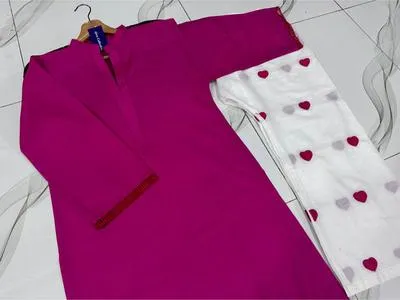 Women's Pink Embroidered 2Pcs Suit with Heart Design thumbnail 3