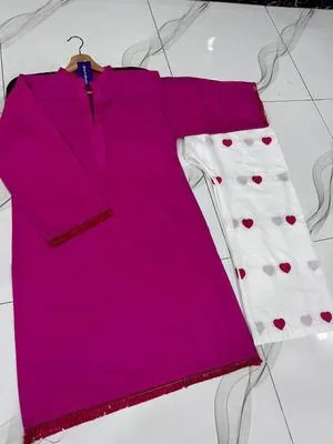 Women's Pink Embroidered 2Pcs Suit with Heart Design thumbnail 4