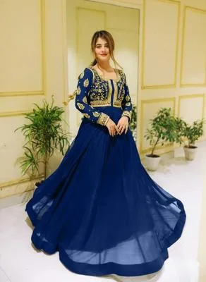 2 Pcs Women's Stitched Chiffon Embroidered Maxi Suit  Markaz