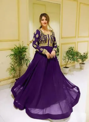 2 Pcs Women's Stitched Chiffon Embroidered Maxi Suit  Markaz