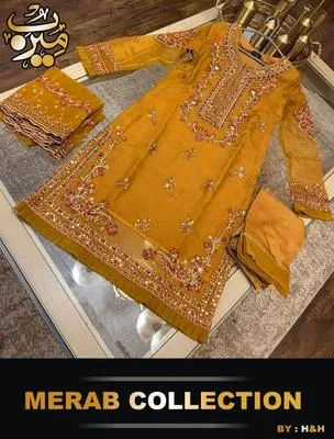 3 Pcs Women's Stitched Organza Hand Work Suit