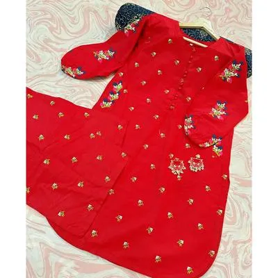 2 Pcs Women's Stitched Cotton Embroidered Shirt And Trouser