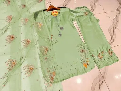 Silver Gold Sequence Embroidered 3Pc Suit Set thumbnail 2