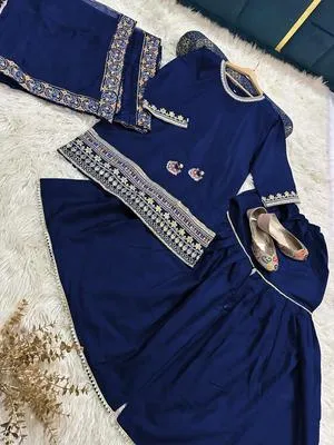 3 Pcs Women’s Stitched Shamoz Silk Sequins Gharara Shirt