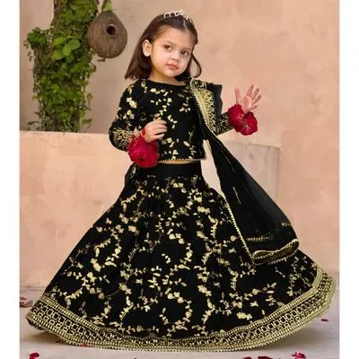 3 Pcs Girl's Shamoz Silk Embroidered Shirt And Skirt Set