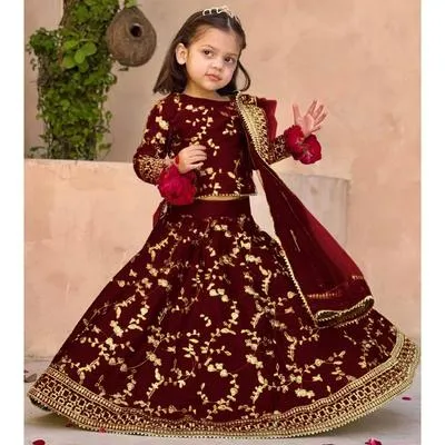 3 Pcs Girl's Shamoz Silk Embroidered Shirt And Skirt Set
