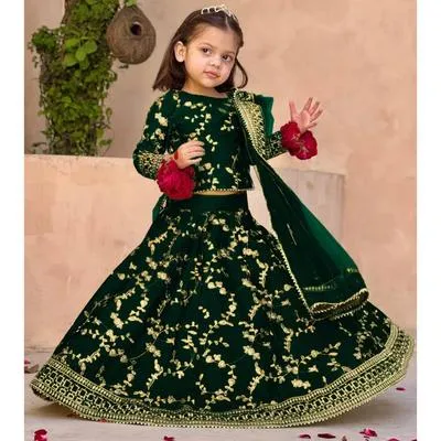 3 Pcs Girl's Shamoz Silk Embroidered Shirt And Skirt Set