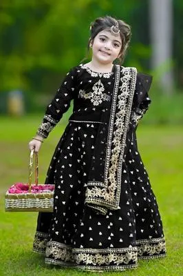 3 Pcs Girl's Shamoz Silk Embroidered Shirt And Skirt Set