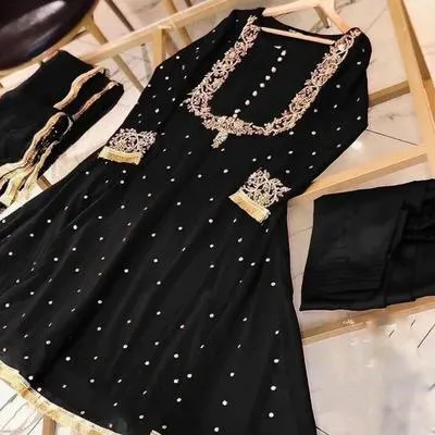 3 Pcs Women's Stitched Chiffon Embroidered Maxi And Trouser