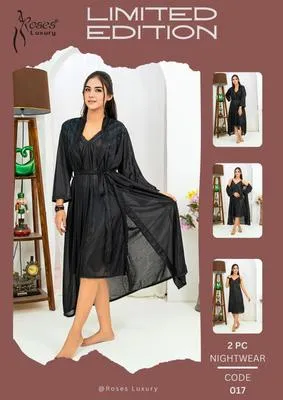 2 Pcs Women's Stitched Silk Lace-Work Night Suit