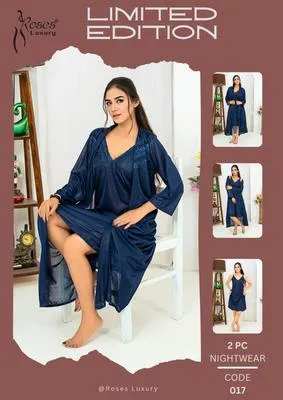 2 Pcs Women's Stitched Silk Plain Night Suit