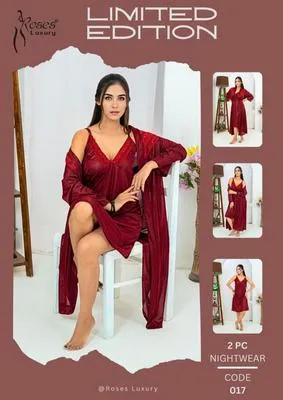 2 Pcs Women's Stitched Silk Plain Night Suit