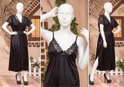 Black Silk Lace Night Suit 3 Pcs Women Fabric thumbnail 1