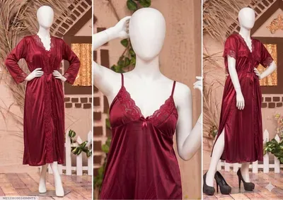 Maroon Silk Lace Night Suit 3 Pcs Women thumbnail 3