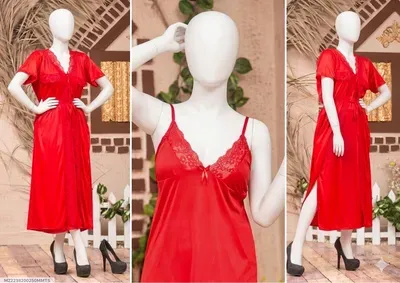 Red Silk Lace Night Suit 3 Pcs Women thumbnail 3
