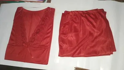 Red Silk Lace Night Suit 3 Pcs Women thumbnail 2