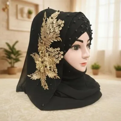 Premium Fancy Party Wear Hijab with Golden Embroidery and Pearl Work - Ready to Wear Stylish Abaya Scarf for Women