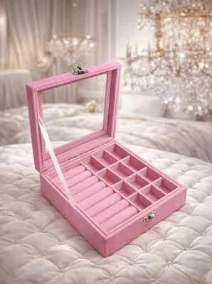 Luxury Velvet Jewelry Organizer Box with Mirror – Pink | Ring, Earrings & Accessories Storage Case