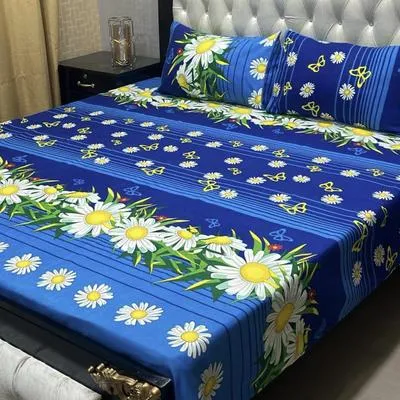 3 Pcs Crystal Cotton Printed Double Bedsheet