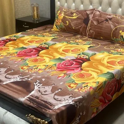 3 Pcs Crystal Cotton Printed Double Bedsheet