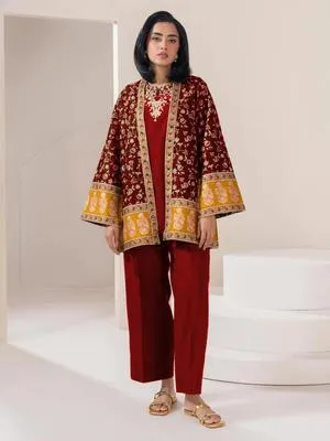Maroon Embroidered 3 Pcs Women's Cotton Gown Suit Eid 2026