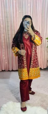 Maroon Embroidered 3 Pcs Women's Cotton Gown Suit Eid 2026 thumbnail 2
