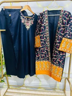 Women Blue Embroidered 3-Piece Cotton Gown Suit Eid 2026 thumbnail 2